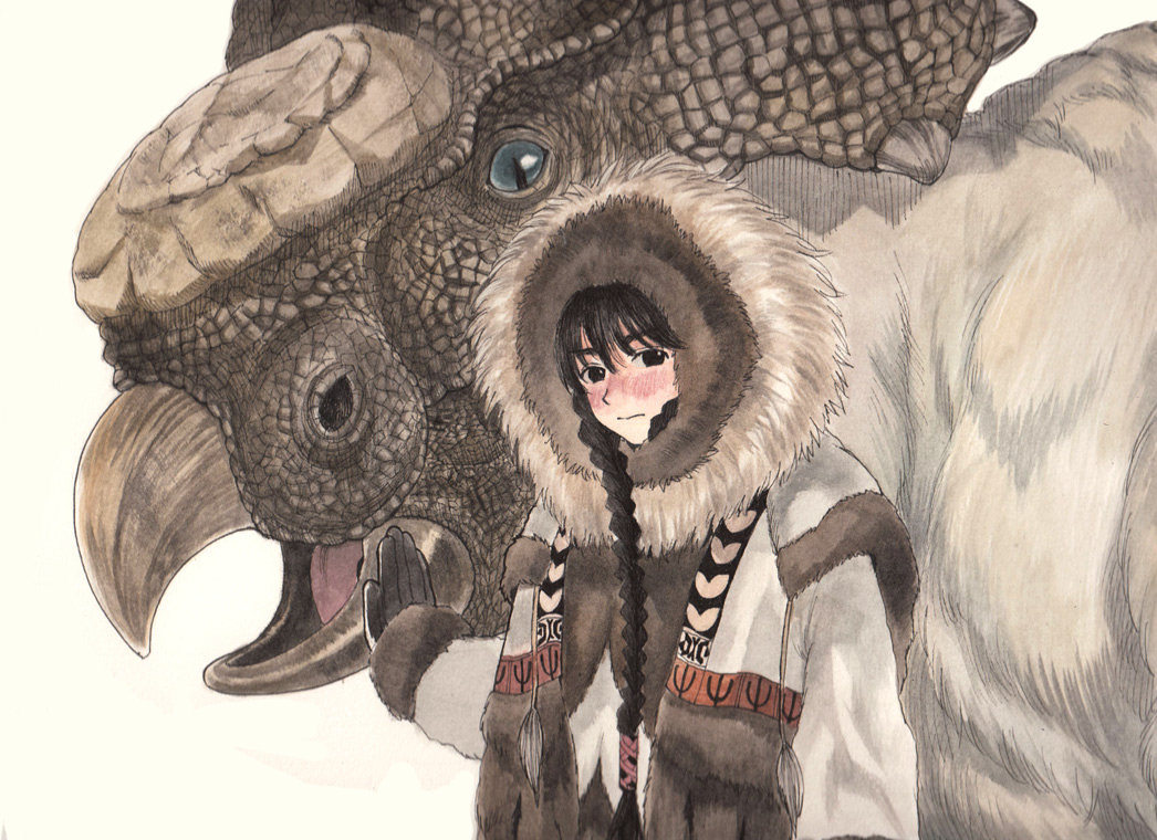 1girl animal arm_at_side ayanashi_kunio bangs black_eyes black_hair blush braid brown_gloves brown_theme cape commentary_request dinosaur fur-trimmed_hood fur_cape fur_coat fur_scarf fur_trim gloves hair_ribbon hood hood_up long_hair long_sleeves looking_at_viewer nose_blush original outstretched_hand pelt petting ribbon simple_background tassel traditional_media tress_ribbon twin_braids twintails upper_body watercolor_(medium) winter_clothes