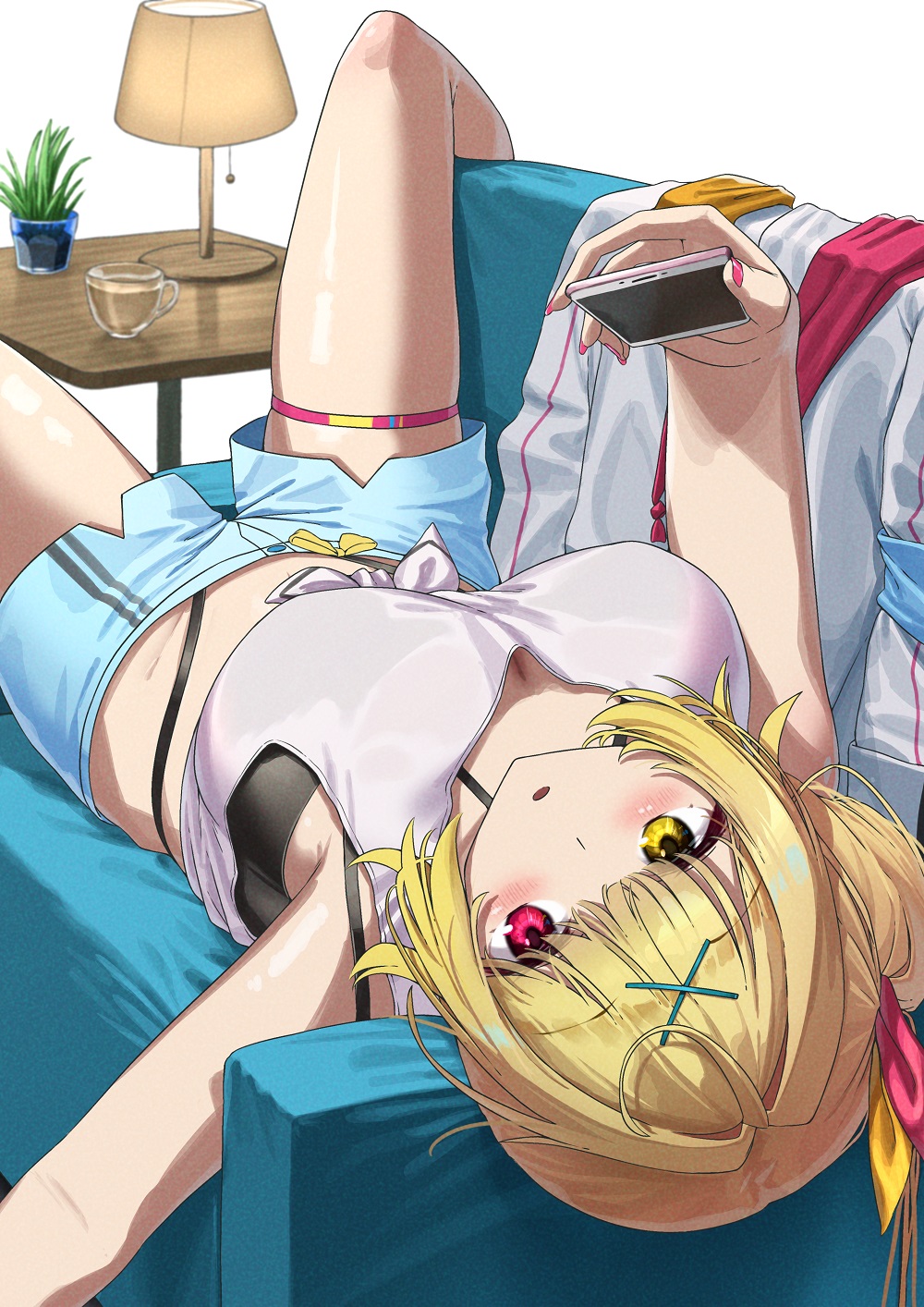 1girl bangs black_panties blonde_hair blue_shorts blush breasts cellphone couch crop_top eyebrows_visible_through_hair front-tie_top hair_ornament hair_ribbon heterochromia highleg highleg_panties highres hoshikawa_sara long_hair looking_at_viewer lying midriff nijisanji noeru on_back open_mouth orange_eyes panties phone red_eyes ribbon shirt short_shorts shorts side_ponytail smartphone solo tank_top thigh_strap underwear virtual_youtuber white_shirt x_hair_ornament