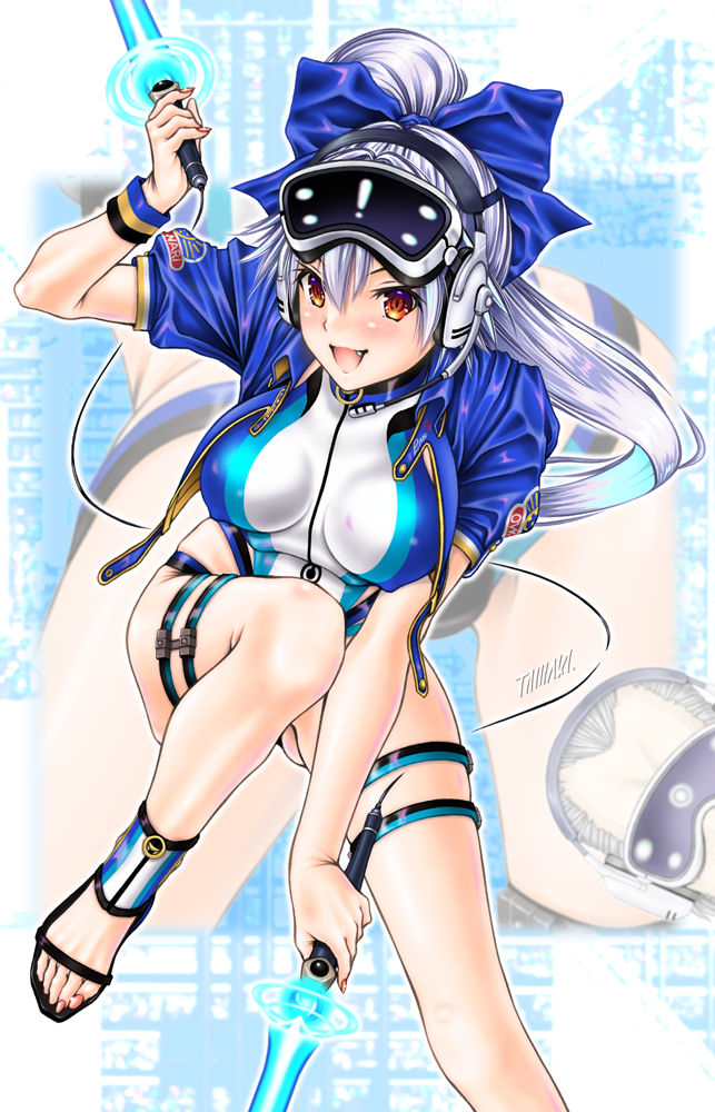 1boy 1girl bangs blue_bow blue_jacket blue_swimsuit blush bow breasts dual_wielding energy_sword fate/grand_order fate_(series) grey_hair hair_between_eyes hair_bow head_mounted_display headphones highleg highleg_swimsuit holding jacket large_breasts long_hair looking_at_viewer one-piece_swimsuit open_mouth ponytail red_eyes short_hair short_sleeves silver_hair smile swimsuit sword thighs tomoe_gozen_(fate/grand_order) tomoe_gozen_(swimsuit_saber)_(fate) two-tone_swimsuit weapon white_swimsuit yagyuu_munenori_(fate/grand_order) yuuse_kouichi