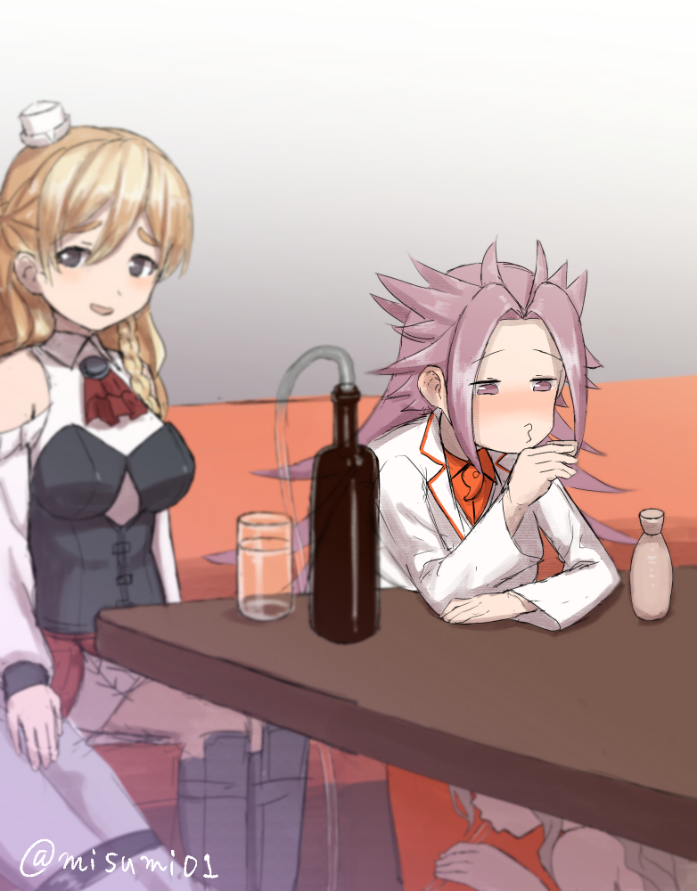 3girls alcohol bangs blonde_hair blurry bottle braid breasts cup drinking gradient gradient_background grey_hair hat jun'you_(kantai_collection) kantai_collection long_hair long_sleeves magatama mini_hat misumi_(niku-kyu) multiple_girls o3o open_mouth pola_(kantai_collection) purple_hair simple_background sitting spiky_hair tube zara_(kantai_collection)