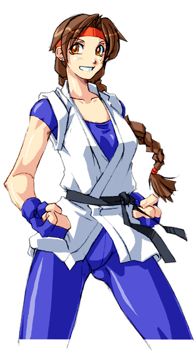 1girl arikawa braid breasts brown_eyes brown_hair dougi fingerless_gloves gloves headband large_breasts long_hair looking_at_viewer open_mouth ryuuko_no_ken shoes simple_background single_braid smile solo spandex the_king_of_fighters white_background yuri_sakazaki