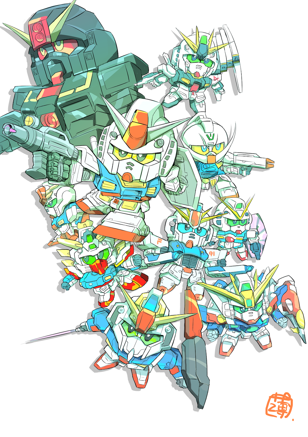 beam_saber blue_eyes char's_counterattack chibi f91_gundam floating g_gundam green_eyes gun gundam gundam_wing gundam_zz highres holding holding_gun holding_shield holding_weapon konachang looking_up no_humans nu_gundam psyco_gundam rx-78-2 sd_gundam shield shining_gundam turn_a_gundam turn_a_gundam_(mobile_suit) v_gundam victory_gundam weapon white_background wing_gundam yellow_eyes zeta_gundam zeta_gundam_(mobile_suit) zz_gundam