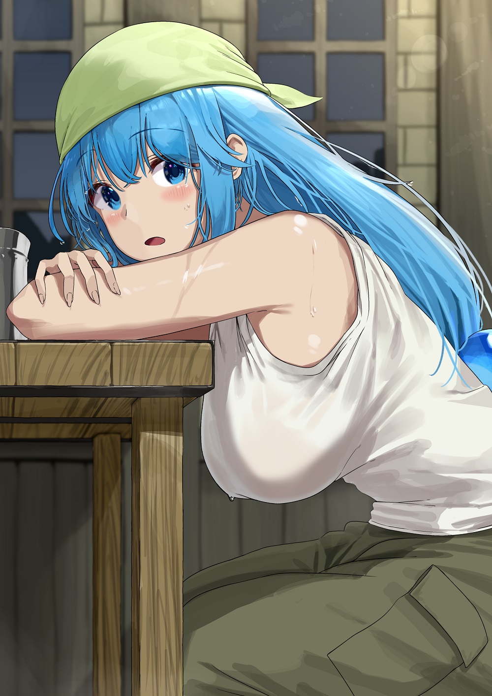 1girl alternate_costume aqua_(konosuba) aqua_eyes aqua_hair bandana blush breasts eyebrows_visible_through_hair green_bandana hair_between_eyes hair_ornament highres kono_subarashii_sekai_ni_shukufuku_wo! large_breasts long_hair looking_at_viewer noeru open_mouth pants shirt sitting solo sweat tank_top white_shirt