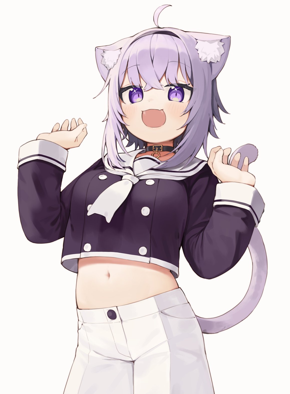 1girl :d ahoge animal_ear_fluff animal_ears bangs black_collar black_hairband black_shirt blush breasts cat_ears cat_girl cat_tail collar commentary_request eyebrows_visible_through_hair hair_between_eyes hairband hands_up highres hololive long_sleeves looking_at_viewer midriff navel nekomata_okayu official_art open_mouth pants purple_hair sailor_collar seramikku shirt simple_background small_breasts smile solo tail tail_raised violet_eyes virtual_youtuber white_background white_neckwear white_pants white_sailor_collar