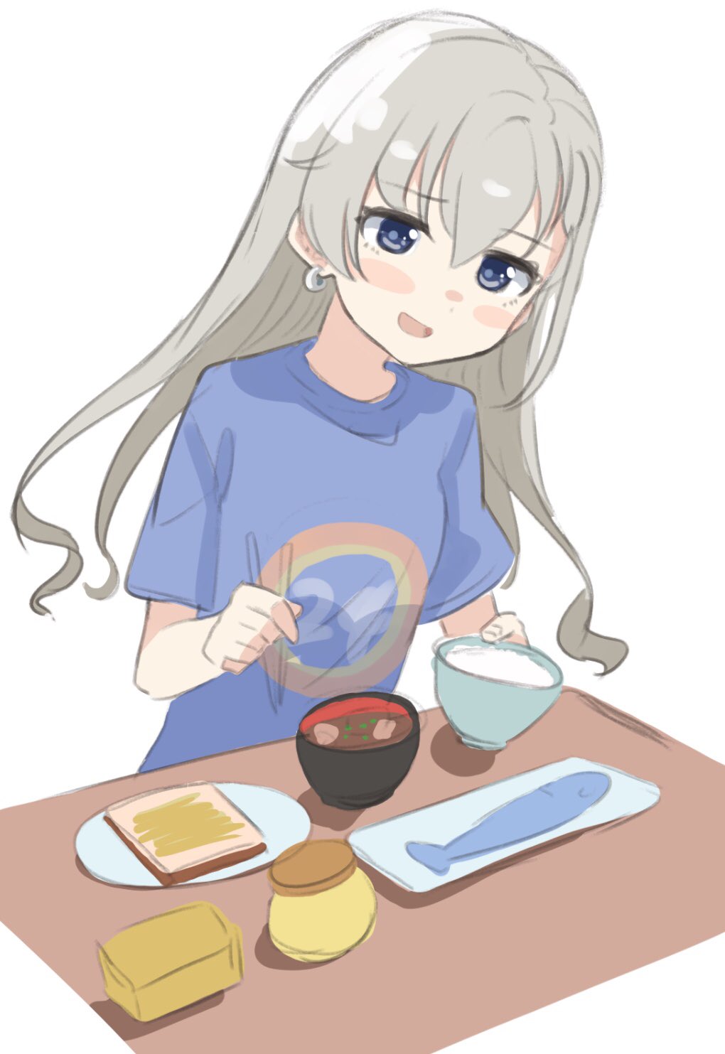 1girl :d bangs blue_eyes blue_shirt blush_stickers bowl bread chopsticks commentary_request earrings eyebrows_visible_through_hair fish food grey_hair hair_between_eyes highres hisakawa_hayate holding holding_bowl holding_chopsticks idolmaster idolmaster_cinderella_girls idolmaster_cinderella_girls_starlight_stage jewelry long_hair looking_at_viewer open_mouth rice rice_bowl shirt shiwa_(siwaa0419) short_sleeves simple_background smile solo soup table upper_body very_long_hair white_background