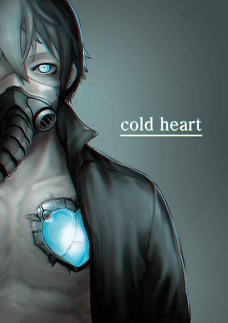 1boy bare_chest black_hair blue_eyes chromatic_aberration crack english_text gas_mask glowing goblina grey_hair heart male_focus mask multicolored multicolored_hair muscle original solo upper_body