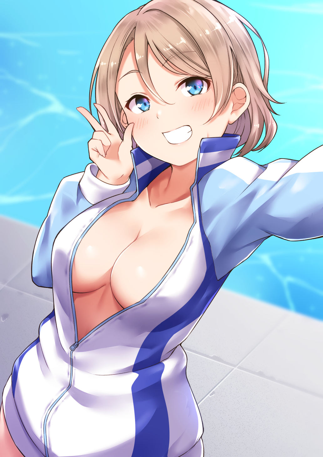 1girl bangs blue_eyes blush breasts brown_hair cowboy_shot from_above grin hair_between_eyes head_tilt highres jacket kanabun large_breasts long_sleeves looking_at_viewer love_live! love_live!_sunshine!! naked_jacket outstretched_arm pool poolside reaching_out self_shot short_hair smile solo tile_floor tiles w watanabe_you water wet