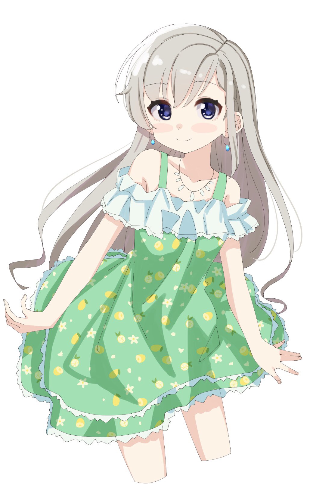 1girl bangs bare_shoulders blue_eyes blush_stickers closed_mouth collarbone cropped_legs dress earrings eyebrows_visible_through_hair green_dress grey_hair hair_between_eyes highres hisakawa_hayate idolmaster idolmaster_cinderella_girls idolmaster_cinderella_girls_starlight_stage jewelry long_hair looking_at_viewer off-shoulder_dress off_shoulder shiwa_(siwaa0419) simple_background smile solo very_long_hair white_background