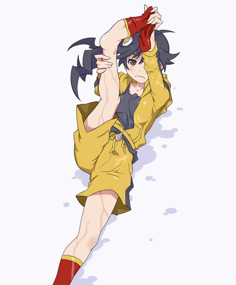 1girl ahoge araragi_karen black_hair breasts closed_mouth feet foot_out_of_frame fried_egg frown hair_ornament hood hooded_track_jacket jacket long_hair maruto! monogatari_(series) removing_sock side_ponytail simple_background soles solo track_jacket wet