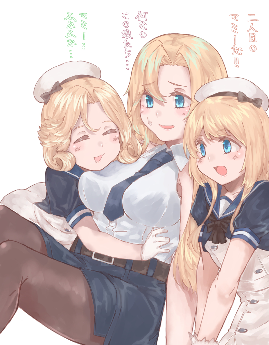 3girls az_toride bangs belt black_belt black_legwear black_neckwear black_skirt blonde_hair blue_eyes blue_sailor_collar breasts commentary_request dress dress_shirt eyebrows_visible_through_hair girl_sandwich gloves hat hornet_(kantai_collection) janus_(kantai_collection) jervis_(kantai_collection) kantai_collection large_breasts long_hair multiple_girls neckerchief necktie open_mouth pantyhose parted_bangs pencil_skirt sailor_collar sailor_dress sailor_hat sandwiched shirt short_hair short_sleeves simple_background sitting skirt sleeveless sleeveless_shirt translation_request white_background white_dress white_gloves white_headwear white_shirt