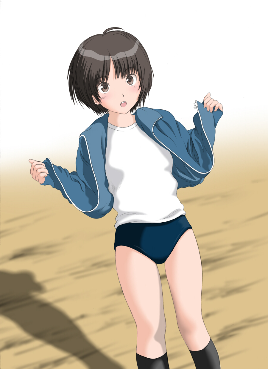 1girl amagami bare_legs black_legwear blue_buruma blue_jacket brown_eyes brown_hair buruma commentary_request gym_uniform highres jacket keisuke_(0320030103200301) kneehighs long_sleeves open_clothes open_jacket open_mouth shirt short_hair solo tachibana_miya track_jacket white_shirt