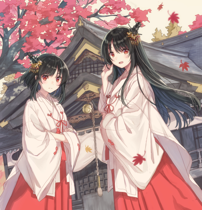 2girls bell black_hair blush eyebrows_visible_through_hair fusou_(kantai_collection) hair_ornament hakama japanese_clothes jingle_bell kantai_collection leaf long_hair long_sleeves maple_leaf miko mitsuyo_(mituyo324) multiple_girls open_mouth red_eyes red_hakama rope short_hair shrine tree wide_sleeves yamashiro_(kantai_collection)