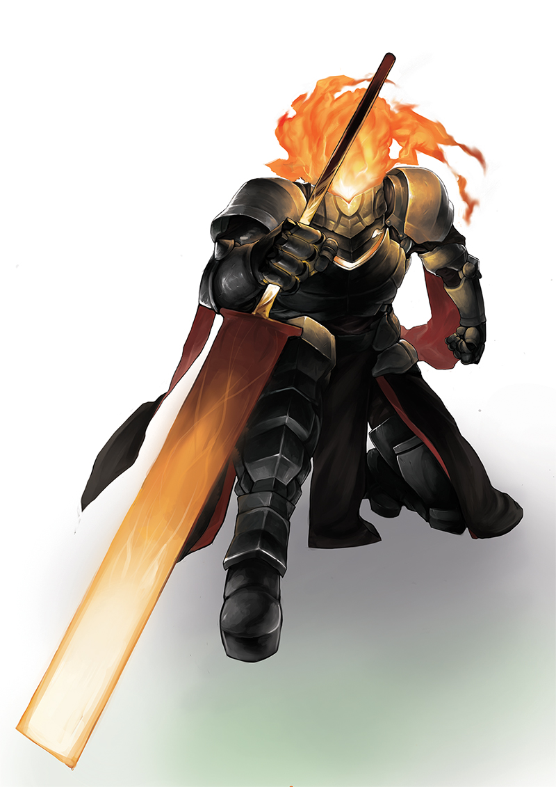 1boy armor fantasy fiery_hair fire gauntlets glowing glowing_sword glowing_weapon goblina greaves helm helmet holding holding_sword holding_weapon knight living_armor male_focus one_knee original pauldrons scratches shoulder_armor solo sword vambraces weapon