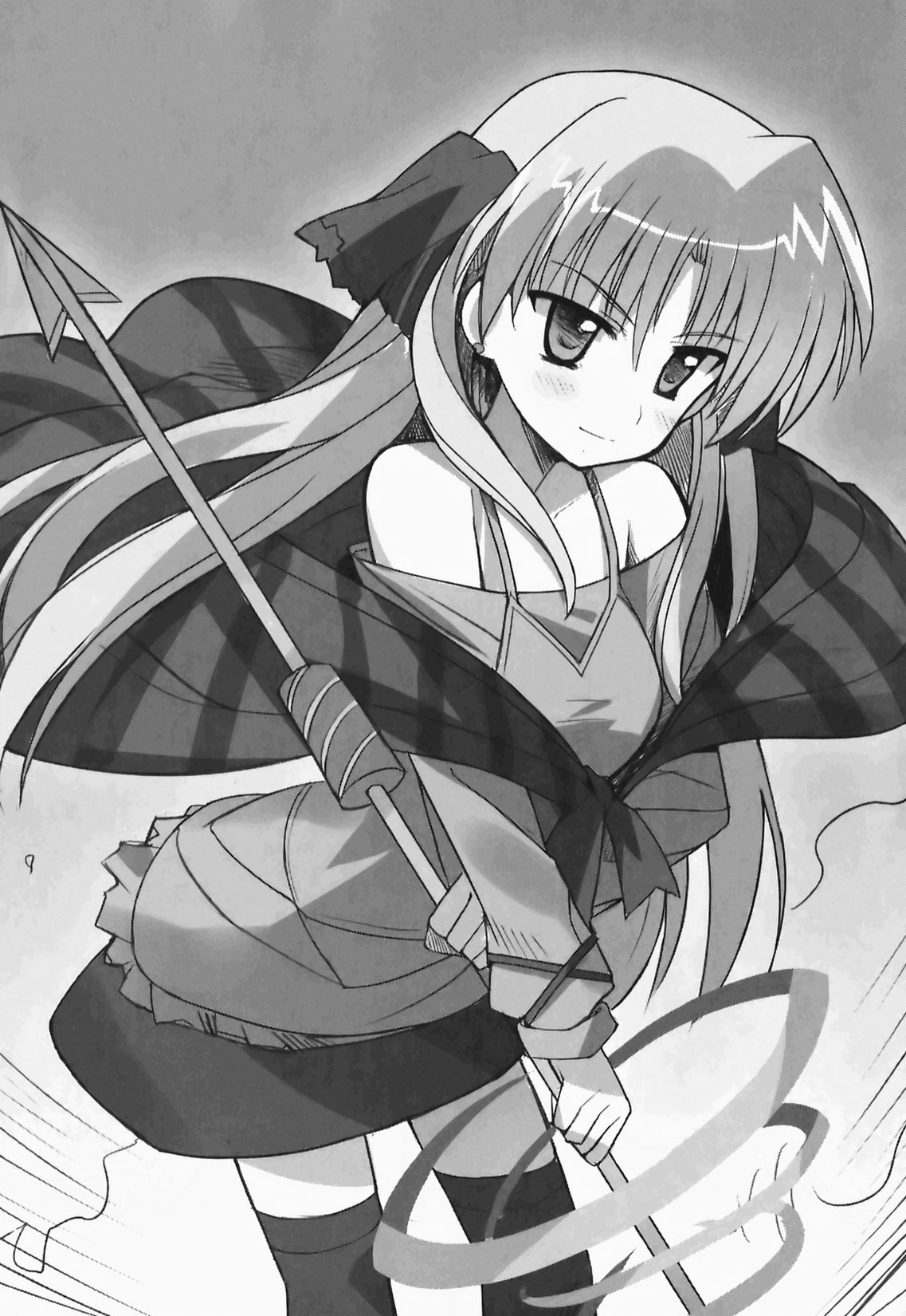 1girl bangs blush campione! closed_mouth collarbone erica_blandelli eyebrows_visible_through_hair floating_hair greyscale hair_between_eyes highres holding holding_spear holding_weapon long_hair miniskirt monochrome novel_illustration off-shoulder_shirt off_shoulder official_art polearm shiny shiny_hair shirt sikorsky skirt solo spaghetti_strap spear standing thigh-highs very_long_hair weapon zettai_ryouiki