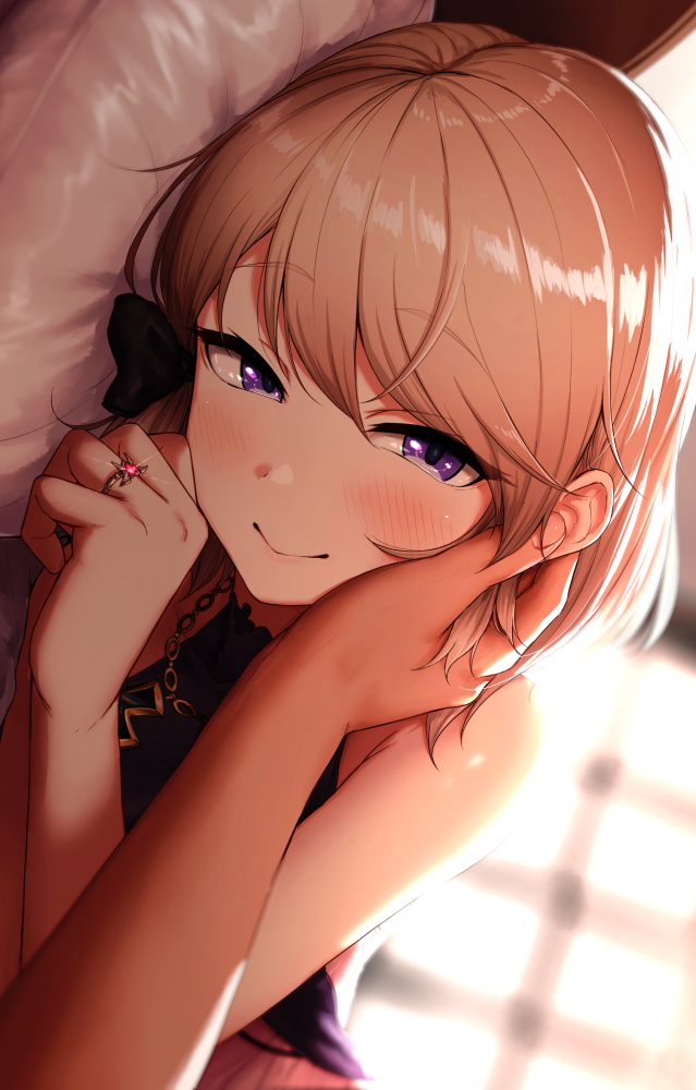 1girl aoi_tiduru azur_lane bare_shoulders black_dress blush bow dress hair_bow hand_on_another's_cheek hand_on_another's_face jewelry looking_at_viewer lying on_bed on_side pov ring short_hair turtleneck_dress violet_eyes wedding_dress wedding_ring z23_(azur_lane) z23_(schwarze_hochzeit)_(azur_lane)