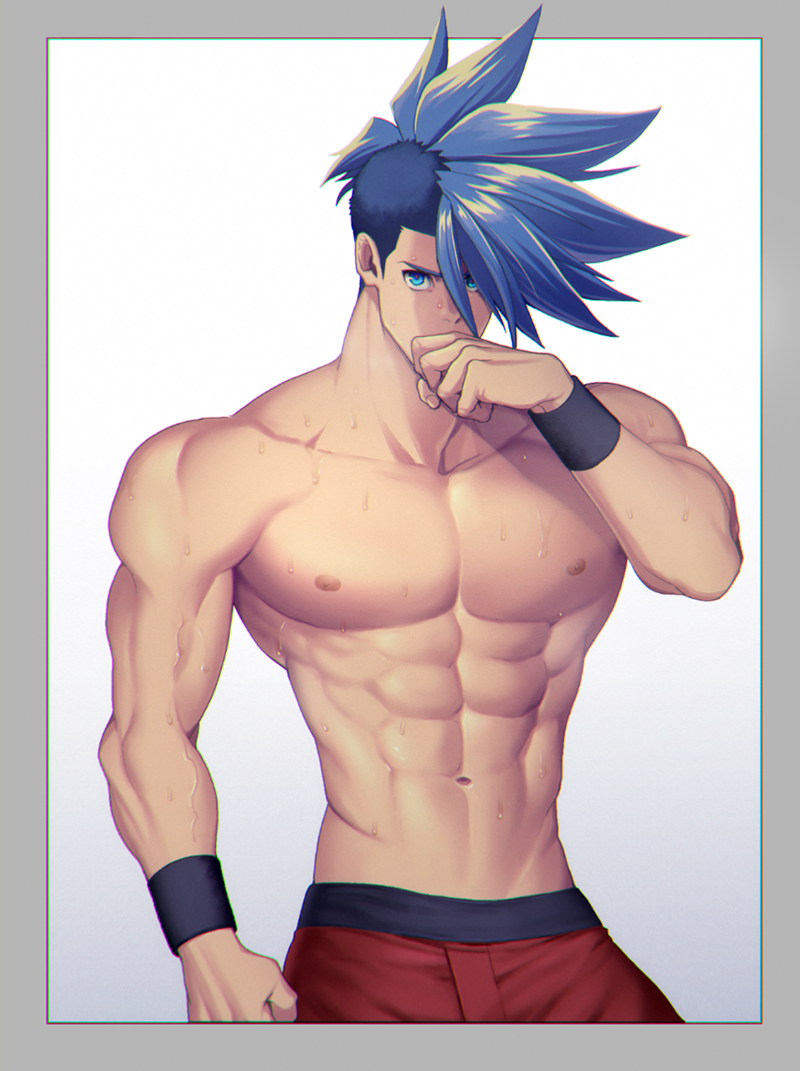 1boy abs bara blue_eyes blue_hair chest d-red galo_thymos male_focus muscle navel nipples pants pectorals promare shirtless short_hair simple_background solo spiky_hair upper_body