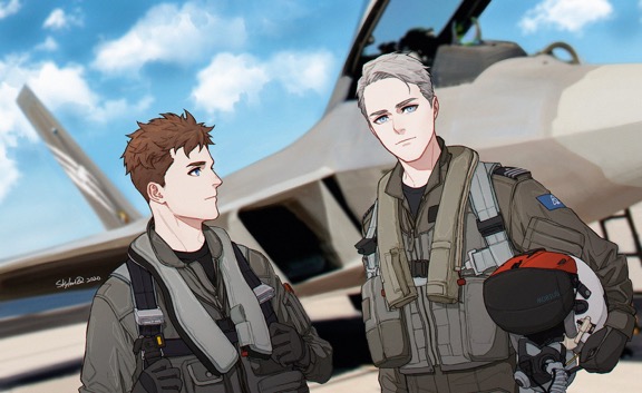 2boys ace_combat ace_combat_04 ace_combat_7 aircraft airplane blue_eyes blue_sky brown_hair clouds day emblem f-22_raptor fighter_jet gloves harness holding jet looking_at_another looking_at_viewer mask military military_vehicle mobius_1 multiple_boys oxygen_mask patch pilot pilot_helmet pilot_suit short_hair signature silver_hair sky skyleranderton standing trigger_(ace_combat)