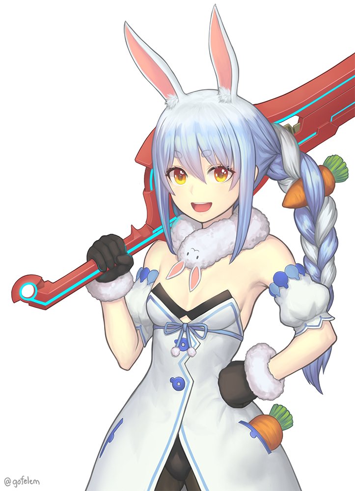1girl :d animal_ears bare_shoulders black_gloves blue_hair braid breasts bunny_girl carrot carrot_hair_ornament cowboy_shot dress food_themed_hair_ornament fur_trim gloves gofelem hair_ornament hand_on_hip hololive long_hair looking_at_viewer medium_breasts monado open_mouth over_shoulder rabbit_ears simple_background small_breasts smile solo strapless strapless_dress sword twin_braids usada_pekora virtual_youtuber weapon weapon_over_shoulder white_background white_hair xenoblade_chronicles xenoblade_chronicles_(series) yellow_eyes