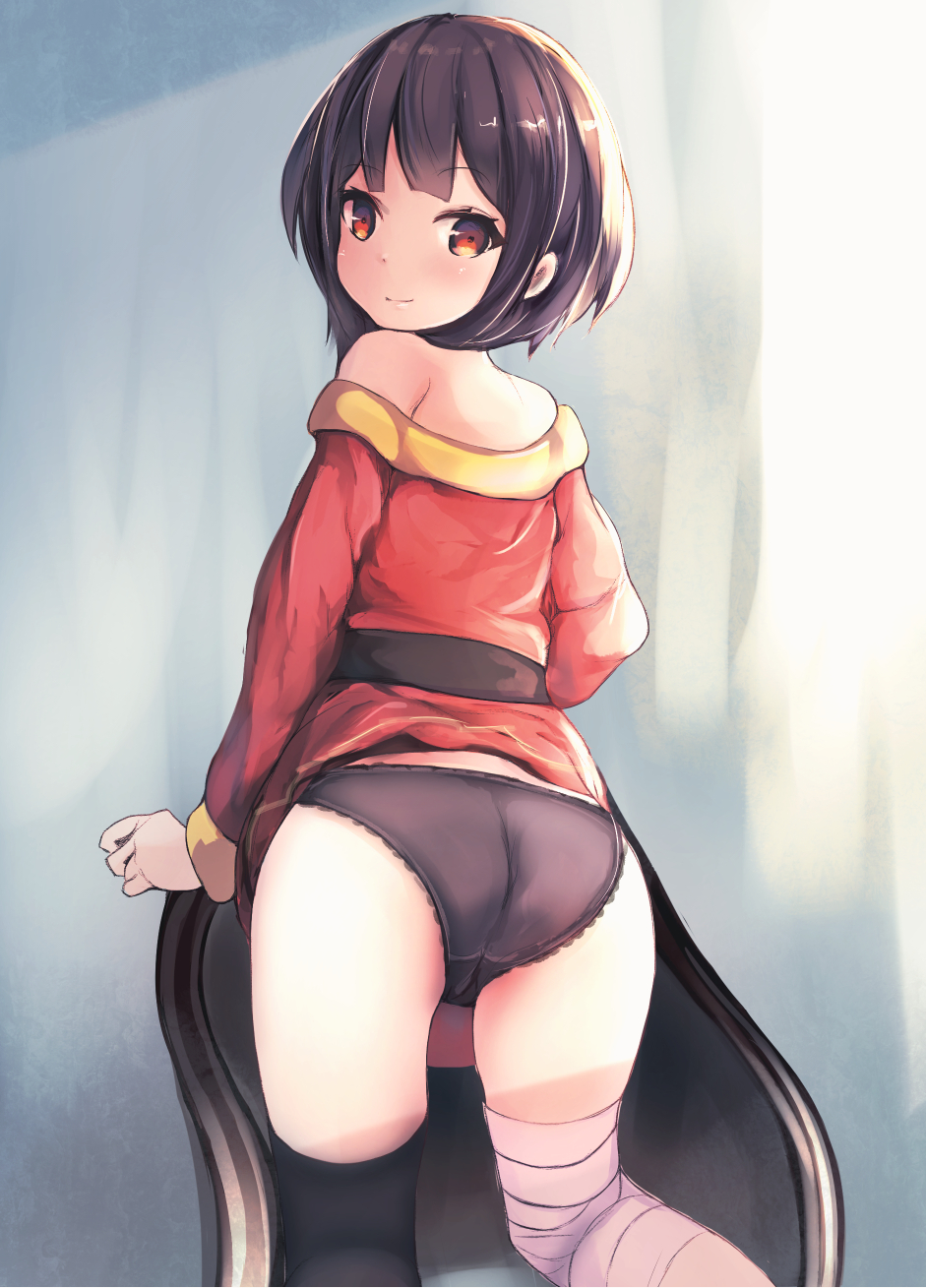 1girl bandaged_leg bandages bare_shoulders black_panties breasts brown_hair choker from_behind highres kaede_do kono_subarashii_sekai_ni_shukufuku_wo! looking_at_viewer looking_back megumin panties red_eyes short_hair_with_long_locks smile solo thigh-highs underwear