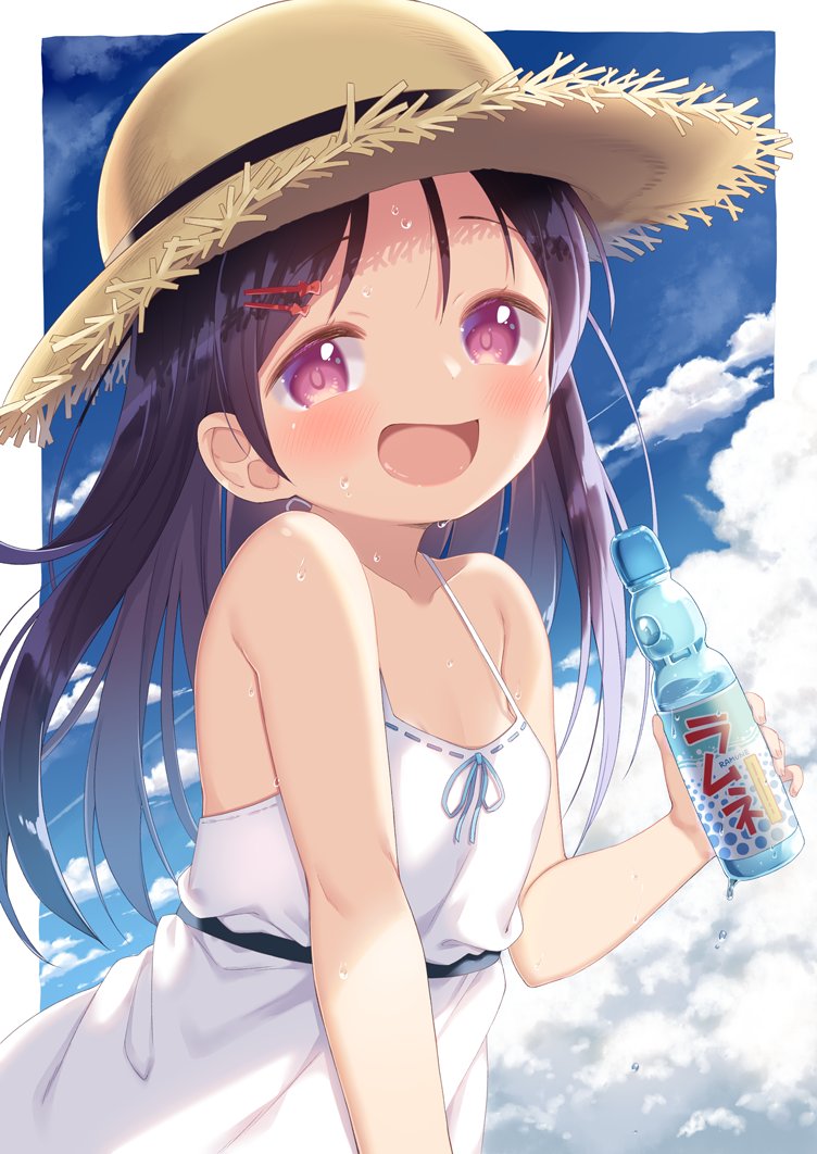 1girl black_hair bottle brown_eyes dress hat holding holding_bottle long_hair looking_at_viewer muku_(muku-coffee) original smile soft_drink solo straw_hat sun_hat sundress water_bottle