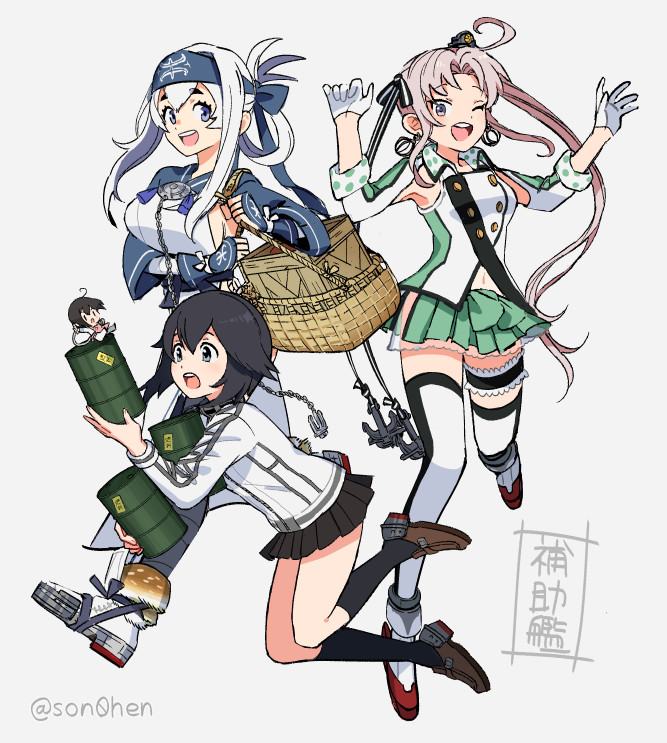 3girls ainu_clothes akitsushima_(kantai_collection) anchor_hair_ornament antenna_hair armpit_cutout bandaged_leg bandages bangs basket black_hair black_skirt breasts crate drum_(container) earrings fairy_(kantai_collection) folded_ponytail fur_trim gloves grey_background grey_hair hair_ornament hair_ribbon hat hayasui_(kantai_collection) headband jacket jewelry kamoi_(kantai_collection) kantai_collection kneehighs large_breasts leg_garter long_hair mini_hat multiple_girls one_eye_closed open_mouth pleated_skirt ponytail ribbon shimin short_hair side_ponytail simple_background skirt small_breasts thigh-highs track_jacket twitter_username white_gloves white_hair