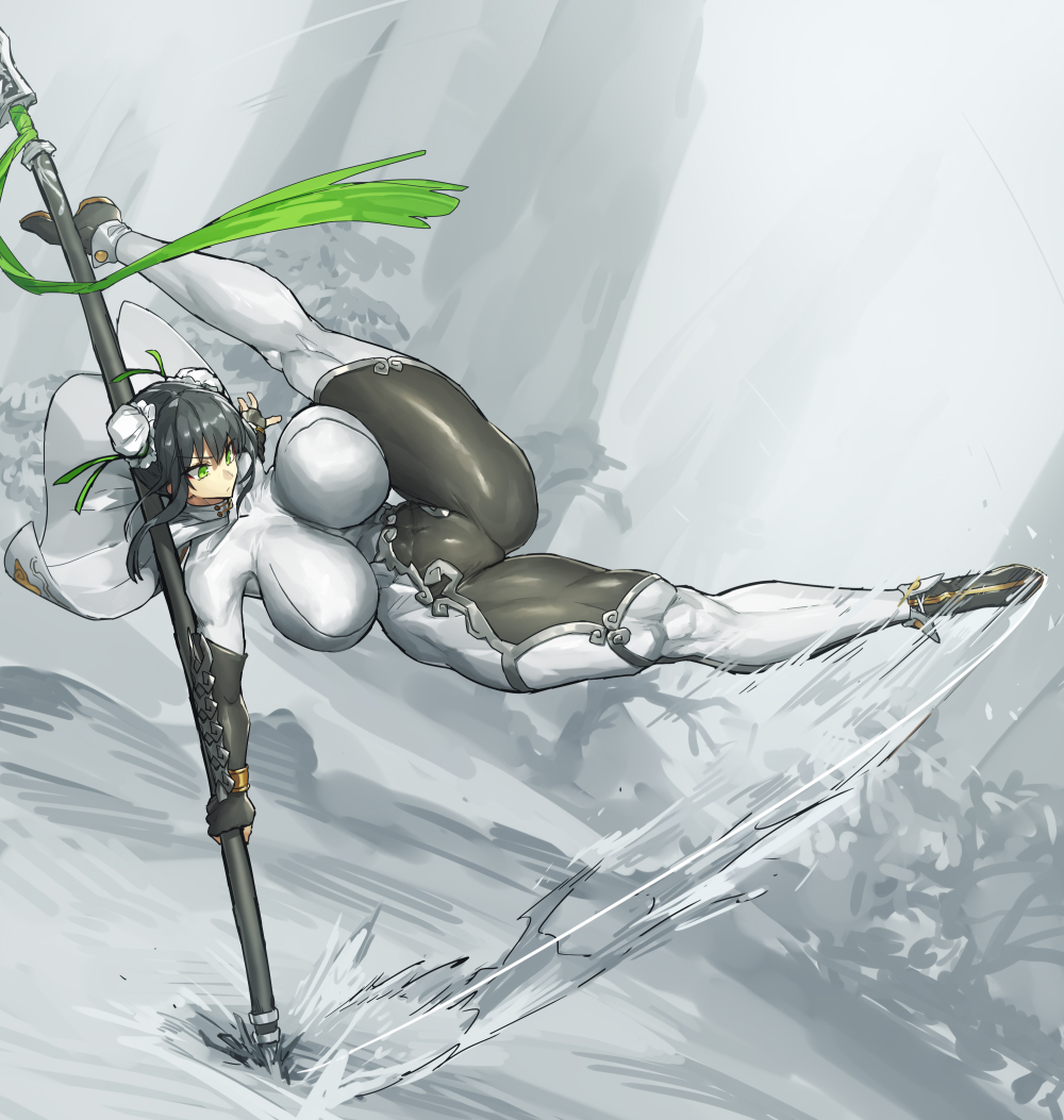 1girl black_hair bodysuit breasts bun_cover cape covered_navel double_bun elbow_gloves fate/grand_order fate_(series) fingerless_gloves flexible gloves green_eyes green_ribbon holding holding_spear holding_weapon huge_breasts impossible_bodysuit impossible_clothes kicking melon22 motion_lines planted_spear planted_weapon polearm qin_liangyu_(fate) ribbon short_hair sidelocks skin_tight solo spear thick_thighs thighs unaligned_breasts weapon white_bodysuit white_cape