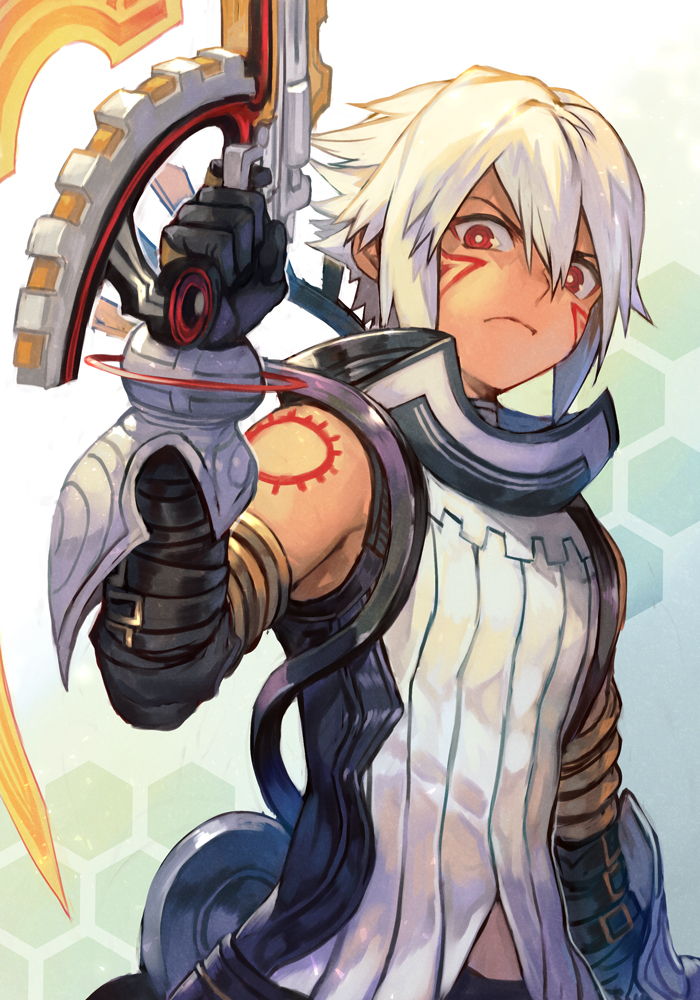 .hack// .hack//g.u. 1boy armor bangs black_armor black_gloves closed_mouth facial_mark gloves gun handgun hankuri haseo_(.hack//) holding holding_gun holding_weapon pants pistol red_eyes solo spiky_hair tattoo weapon white_hair