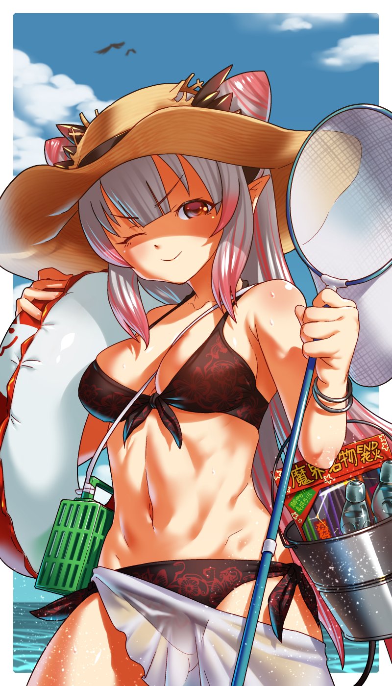 1girl bikini black_bikini bracelet breasts bucket butterfly_net cowboy_shot demon_girl demon_horns front-tie_top hand_net hat highres holding honey_strap horns innertube insect_cage jewelry long_hair looking_at_viewer multicolored_hair nantyu-a one_eye_closed outdoors pink_hair pointy_ears red_eyes silver_hair smile solo sun_hat suou_patra swimsuit toned torn_clothes torn_hat v-shaped_eyebrows virtual_youtuber water