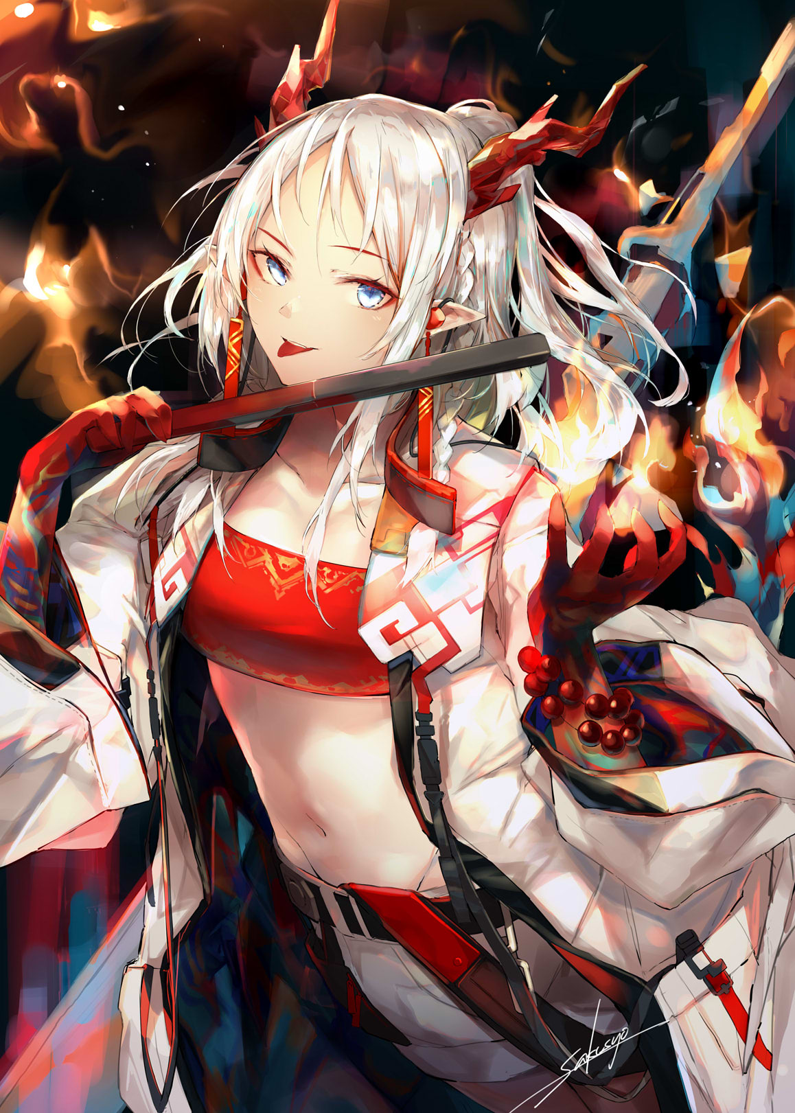 1girl :p arknights bandeau bangs braid breasts highres holding horns jacket jewelry long_hair looking_at_viewer midriff multicolored_hair navel nian_(arknights) open_clothes pointy_ears redhead sakusyo shorts silver_hair smile solo stomach strapless streaked_hair tongue tongue_out tubetop violet_eyes