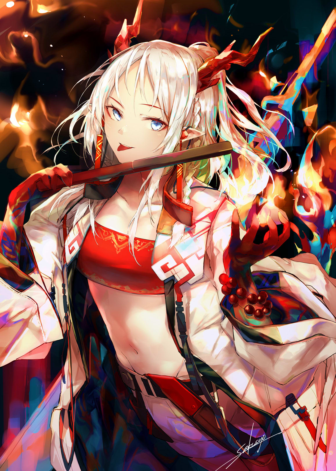 1girl :p arknights bandeau bangs braid breasts highres holding horns jacket jewelry long_hair looking_at_viewer midriff multicolored_hair navel nian_(arknights) open_clothes pointy_ears redhead sakusyo shorts silver_hair smile solo stomach strapless streaked_hair tongue tongue_out tubetop violet_eyes