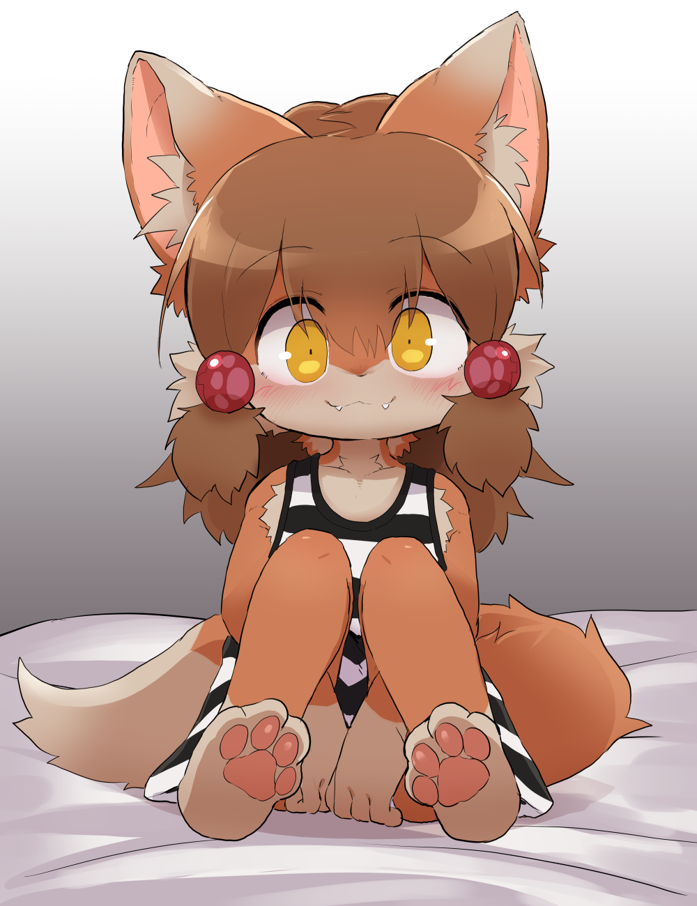 1boy animal_ear_fluff animal_ears barefoot beads between_legs brown_eyes brown_hair covering covering_crotch dagashi_(daga2626) dress fangs feet fox_ears fox_tail furry grey_background hair_beads hair_ornament hand_between_legs highres knees_up long_hair looking_at_viewer original otoko_no_ko paws perro-kun_(dagasi) short_dress simple_background sitting sleeveless sleeveless_dress smile soles solo striped striped_dress tail