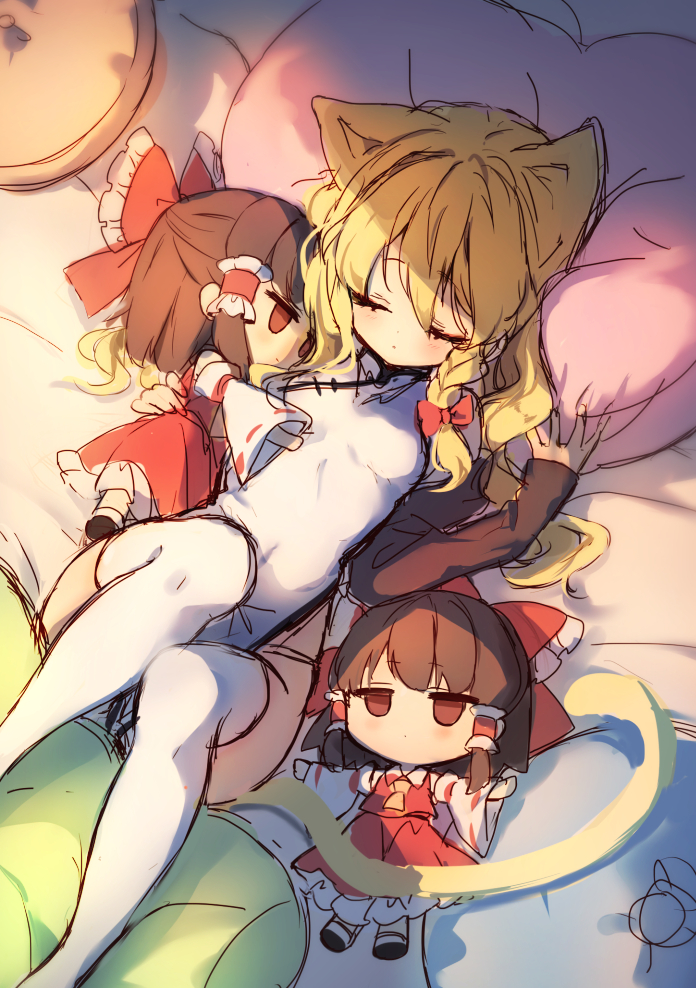 1girl bangs blonde_hair blush character_doll china_dress chinese_clothes closed_eyes commentary_request covered_navel doll dress eyelashes from_above hair_between_eyes hakurei_reimu head_on_pillow holding holding_doll kirisame_marisa lying on_back pillow pillow_grab piyokichi sleeping thigh-highs touhou white_legwear
