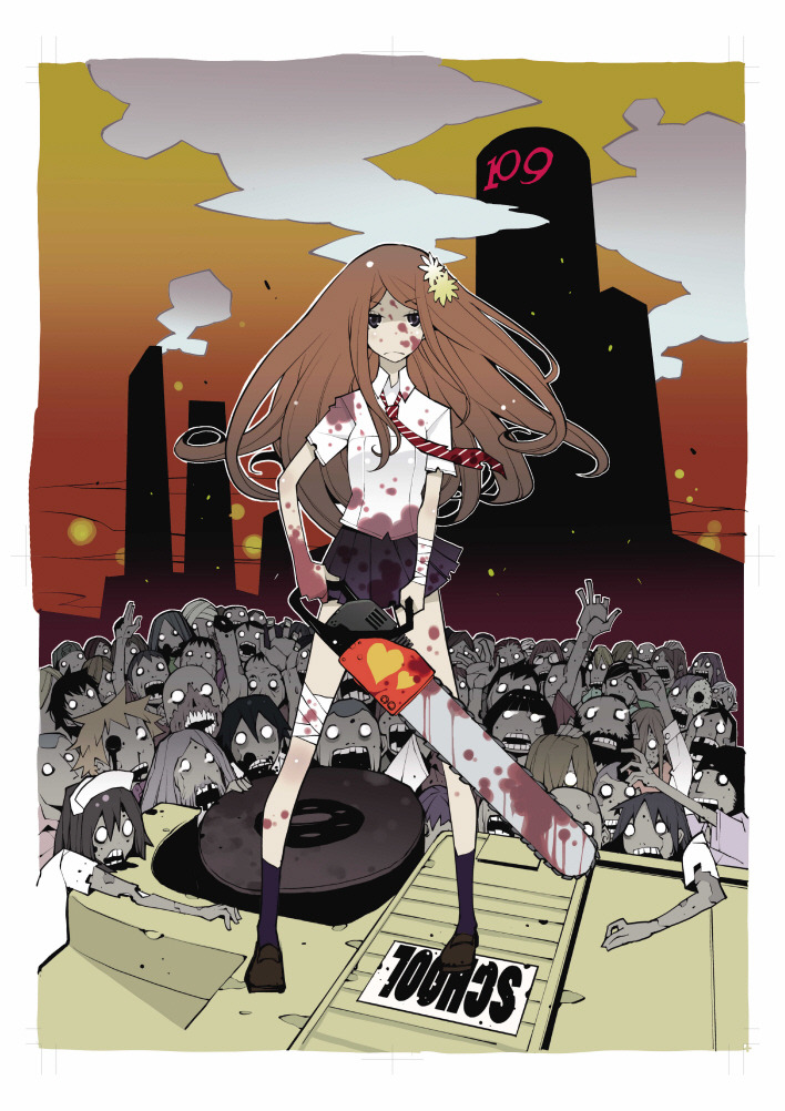 1girl bandaged_leg bandages black_legwear black_skirt blood blood_on_face bloody_clothes bloody_weapon blush brown_hair building chainsaw closed_mouth dowman_sayman hair_ornament heart holding holding_chainsaw holding_weapon kneehighs long_hair necktie original outdoors shibuya_109 shirt skirt standing striped striped_neckwear torn_clothes weapon white_shirt zombie