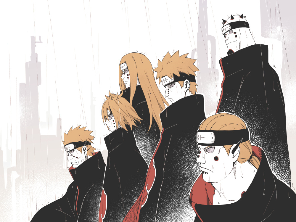 1girl 5boys akatsuki_uniform asutora black_cloak cloak commentary_request ear_piercing forehead_protector from_side high_collar long_hair multiple_boys naruto_(series) naruto_shippuuden orange_hair pain_(naruto) piercing rain rinnegan short_hair upper_body violet_eyes