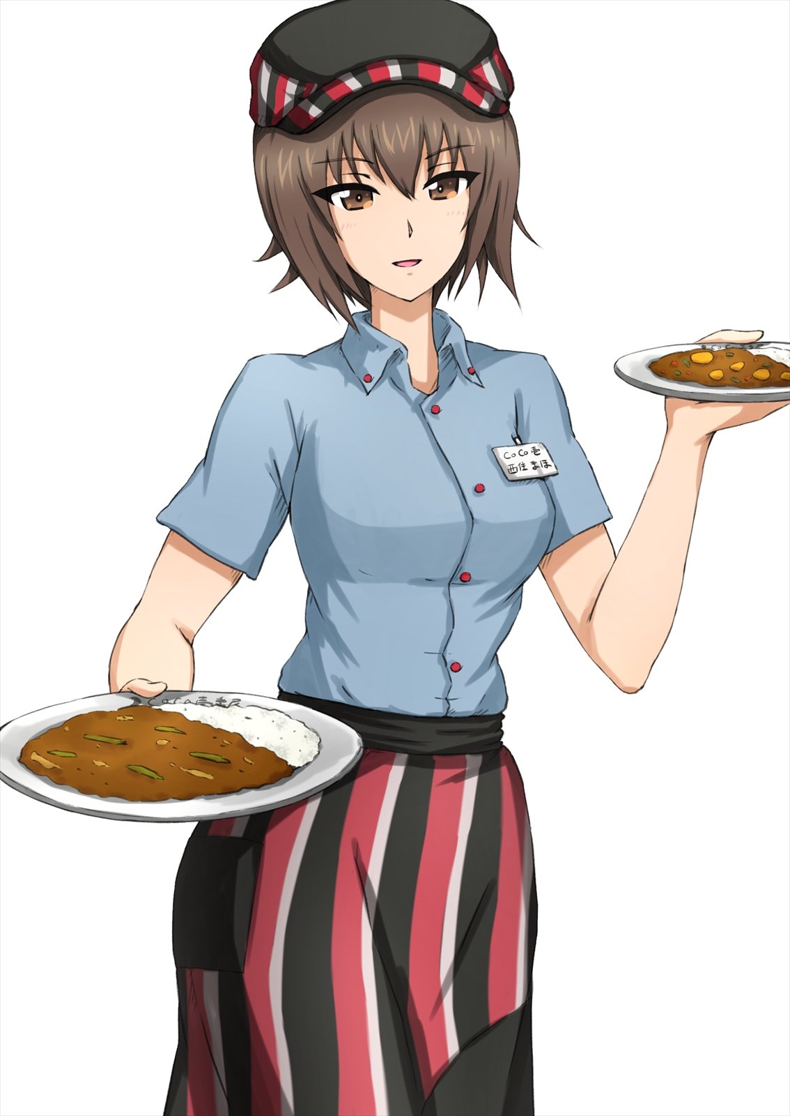 1girl bangs black_headwear blue_shirt brown_eyes brown_hair character_name collared_shirt commentary cowboy_shot curry eyebrows_visible_through_hair flat_cap food girls_und_panzer hat highres holding holding_food holding_plate looking_at_viewer name_tag nishizumi_maho omachi_(slabco) open_mouth plate red_skirt rice shirt short_hair short_sleeves simple_background skirt smile solo standing striped translated vertical-striped_skirt vertical_stripes waitress white_background