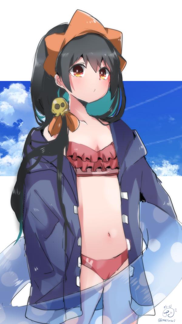 1girl ashley_(warioware) bikini black_hair borrowed_garments breasts clouds hair_ornament hair_ribbon hairband herunia_kokuoji innertube navel red_eyes ribbon skull sky small_breasts solo swimsuit twitter_username warioware