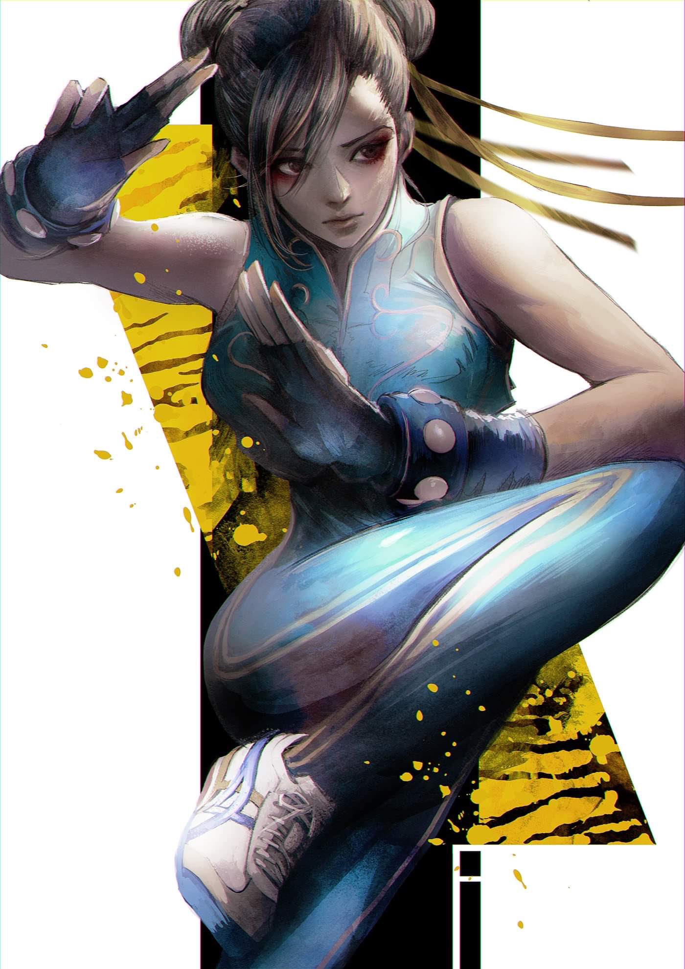 1girl bare_shoulders blue_gloves blue_pants bracelet chun-li closed_mouth double_bun eyeshadow fingerless_gloves gloves highres jewelry knee_up makeup pants shoes solo standing standing_on_one_leg street_fighter vest wataboku