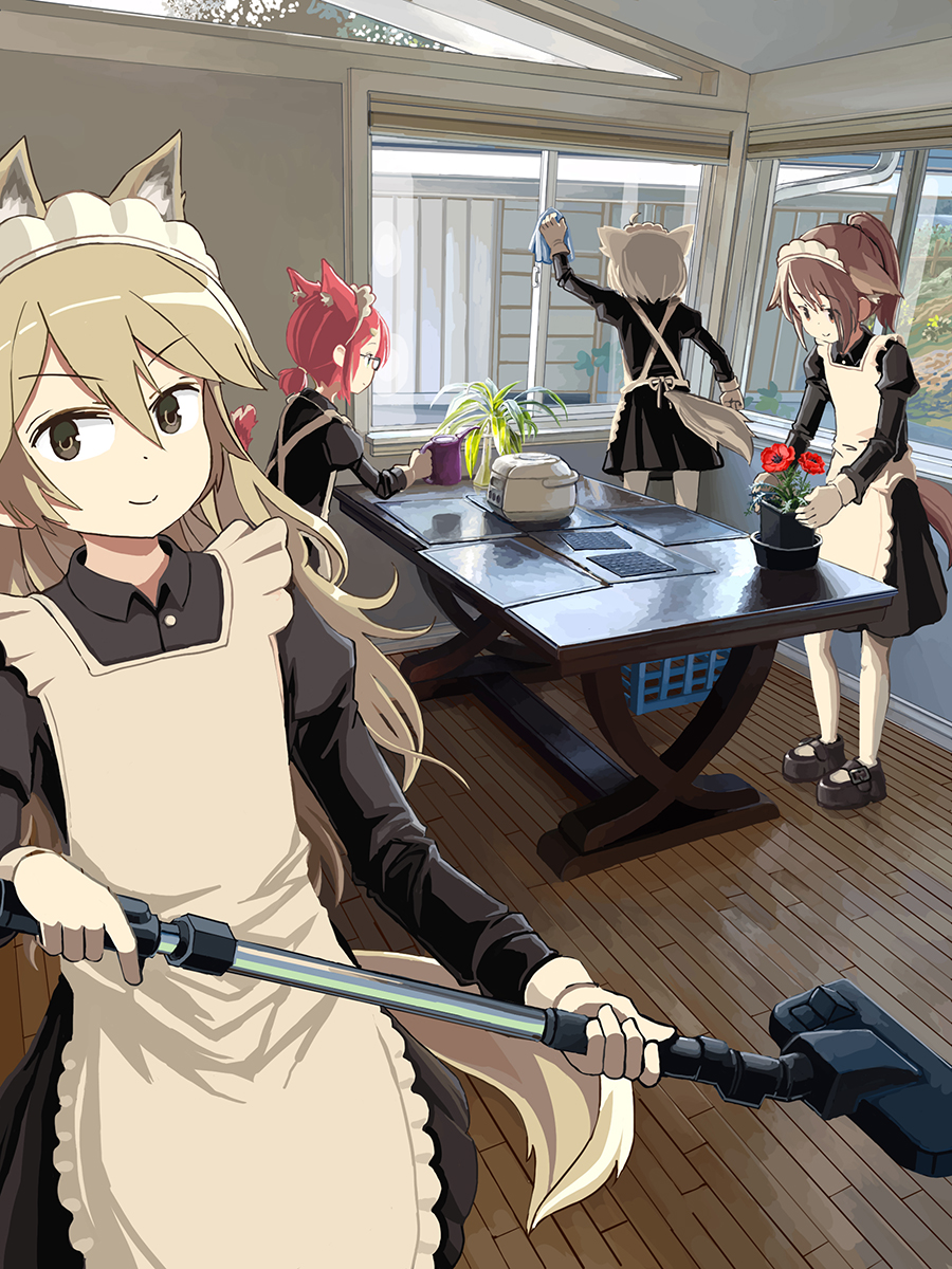 4girls adrian_ferrer ahoge animal_ear_fluff animal_ears apron arknights bangs black_dress black_footwear blonde_hair breeze_(arknights) brown_eyes brown_hair cleaning cleaning_windows closed_mouth dress english_commentary eyebrows_visible_through_hair fox_ears fox_girl fox_tail glasses hair_between_eyes highres indoors juliet_sleeves long_hair long_sleeves maid maid_apron maid_headdress mary_janes multiple_girls myrrh_(arknights) pantyhose perfumer_(arknights) plant potted_plant puffy_sleeves redhead rice_cooker shoes short_hair short_ponytail sidelocks silver_hair smile sussurro_(arknights) table tail v-shaped_eyebrows vacuum_cleaner watering_can wavy_hair white_legwear window wooden_floor wooden_table yellow_eyes