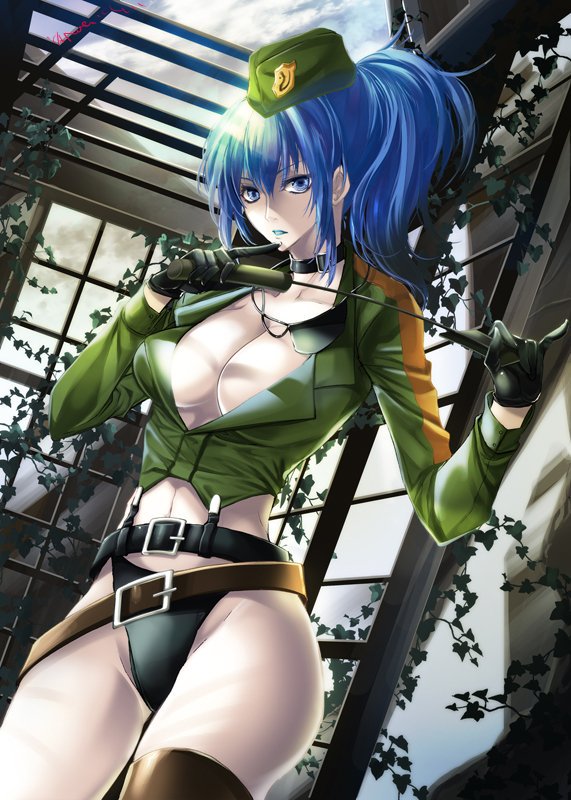1girl alternate_costume belt black_gloves black_panties blue_hair blue_lipstick breasts coco_(eccentricrouge) earrings eyepatch garrison_cap gloves hat holding holding_whip holster jewelry leona_heidern lipstick makeup medium_breasts military military_hat military_uniform no_pants panties riding_crop snk_heroines:_tag_team_frenzy solo the_king_of_fighters thigh-highs thigh_holster thigh_strap underwear uniform whip