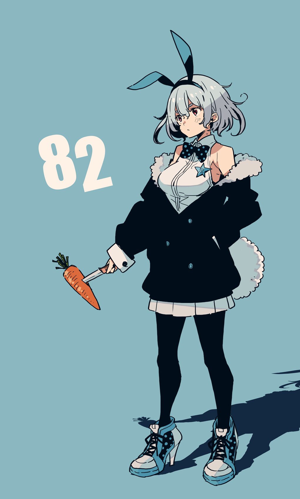 1girl animal_ears black_jacket black_legwear blue_background blue_footwear boots bow bowtie bunny_day bunny_tail carrot fake_animal_ears full_body fur-trimmed_jacket fur_trim hairband hand_in_pocket high_heel_boots high_heels highres imigimuru jacket knife off_shoulder original pantyhose polka_dot_footwear polka_dot_neckwear rabbit_ears red_eyes shirt short_hair skirt sleeveless sleeveless_shirt solo tail white_hair white_skirt