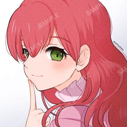 1girl ashiyafuku finger_to_cheek green_eyes light_smile long_hair looking_at_viewer looking_back lowres original redhead sample solo watermark