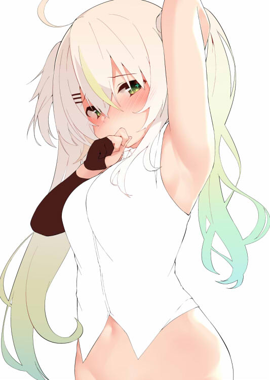 1girl ahoge arm_behind_head arm_up blonde_hair blush breasts character_request commentary_request copyright_request covering_mouth detached_sleeves embarrassed finger_to_mouth gloves gradient_hair green_eyes hair_ornament hairclip looking_at_viewer medium_breasts multicolored_hair navel partly_fingerless_gloves shirt sideboob single_detached_sleeve solo stomach tera_zip two_side_up upper_body white_shirt