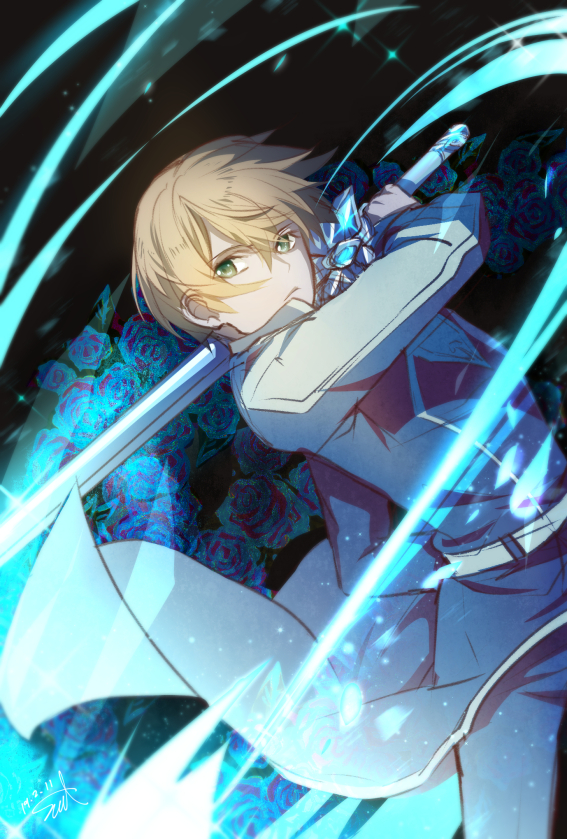 1boy belt blonde_hair blue_flower blue_jacket blue_pants blue_rose blue_rose_sword closed_mouth collared_jacket commentary_request eugeo flower green_eyes hair_between_eyes holding holding_sword holding_weapon jacket long_sleeves looking_at_viewer male_focus pants rose short_hair solo soroa sword sword_art_online sword_art_online:_alicization weapon white_belt
