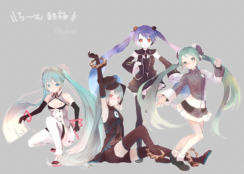 4girls aqua_eyes aqua_hair arm_up black_dress black_gloves black_headwear black_legwear black_neckwear black_shirt black_shorts black_sleeves blue_hair bracelet cd chest_tattoo cleavage_cutout commentary conflict_(module) detached_sleeves dimension_(module) dress elbow_gloves frilled_dress frilled_skirt frilled_sleeves frills full_body gears gloves gradient_hair grey_background hair_ornament hat hatsune_miku hatsune_miku_no_gekishou_(vocaloid) infinity_(module) jewelry kneeling lady-ichiko long_hair miniskirt multicolored_hair multiple_girls multiple_persona necktie nijigen_dream_fever_(vocaloid) outstretched_arm pale_skin project_diva_(series) purple_hair red_eyes sadistic_music_factory_(vocaloid) shirt shorts sitting skirt sleeveless sleeveless_shirt smile standing tattoo thigh-highs translated twintails twitter_username two-tone_shirt ura-omote_lovers_(vocaloid) very_long_hair vocaloid white_legwear white_shirt white_shorts zettai_ryouiki