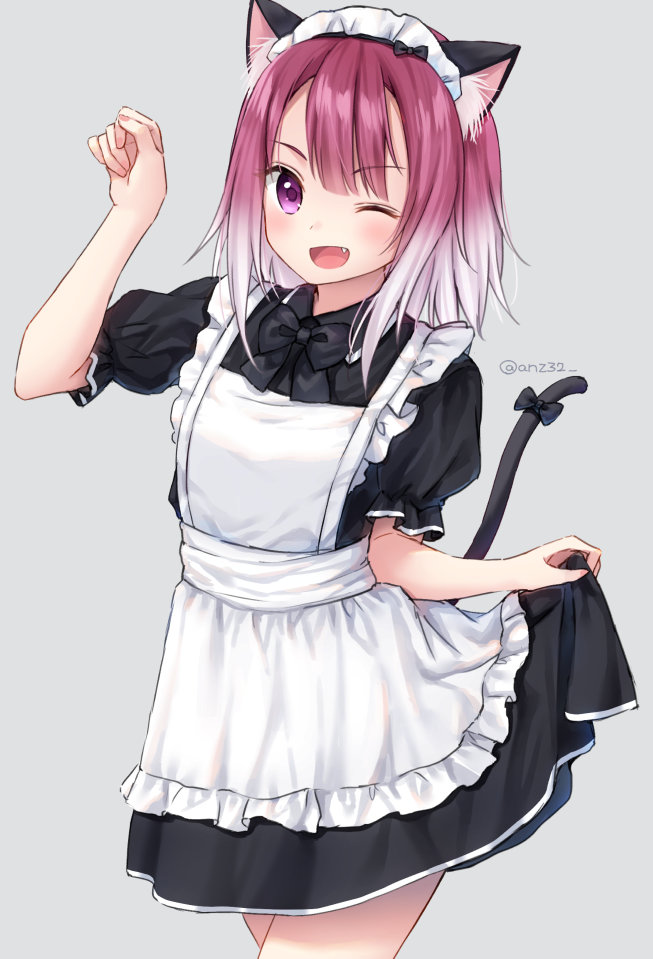 1girl ;d alternate_costume animal_ear_fluff animal_ears anz32 apron arm_up bangs black_bow black_dress blush bow cat_ears cat_girl cat_tail commentary dress enmaided eyebrows_visible_through_hair fang frilled_apron frills gradient_hair grey_background looking_at_viewer maid maid_apron maid_headdress multicolored_hair one_eye_closed open_mouth princess_connect! princess_connect!_re:dive puffy_short_sleeves puffy_sleeves purple_hair short_sleeves simple_background skirt_hold smile solo tail tail_bow tail_raised tamaki_(princess_connect!) violet_eyes white_apron white_hair