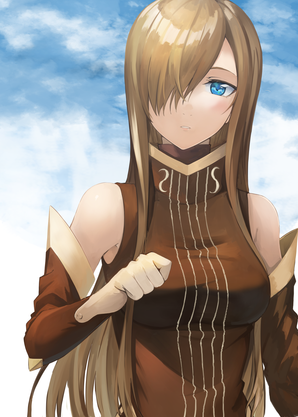 1girl blonde_hair blue_eyes brown_dress brown_sleeves day detached_sleeves dress hair_over_one_eye highres long_hair long_sleeves looking_at_viewer outdoors parted_lips rourou_ill shiny shiny_hair sleeveless sleeveless_dress solo straight_hair tales_of_(series) tales_of_the_abyss tear_grants upper_body very_long_hair