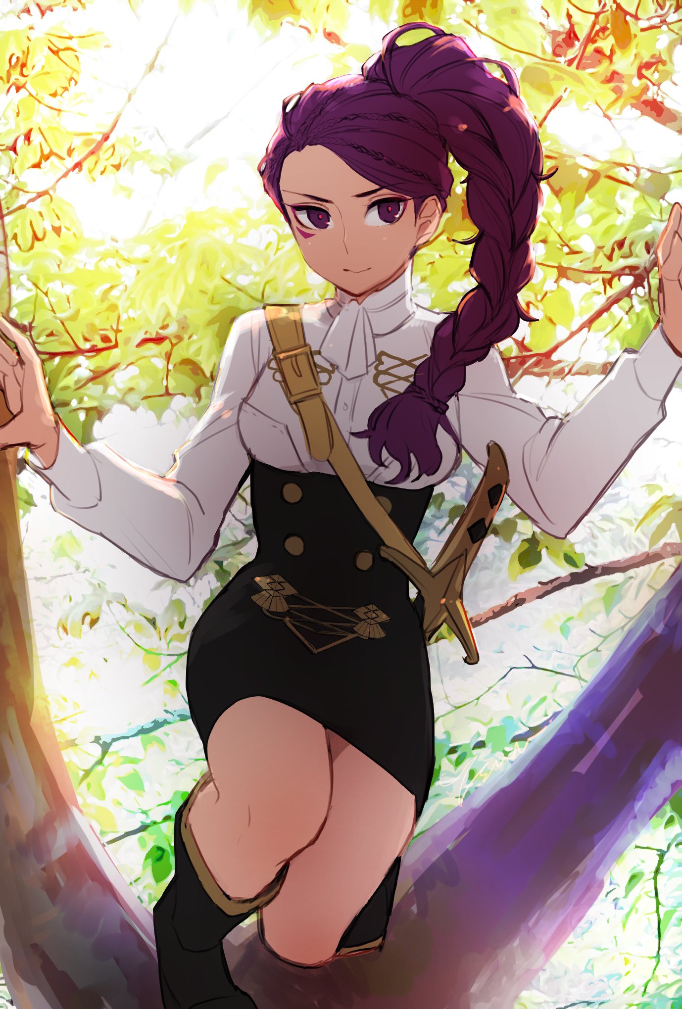 1girl boots closed_mouth facial_mark fire_emblem fire_emblem:_three_houses garreg_mach_monastery_uniform highres long_hair long_sleeves mamegohan petra_macneary ponytail purple_hair solo tree uniform