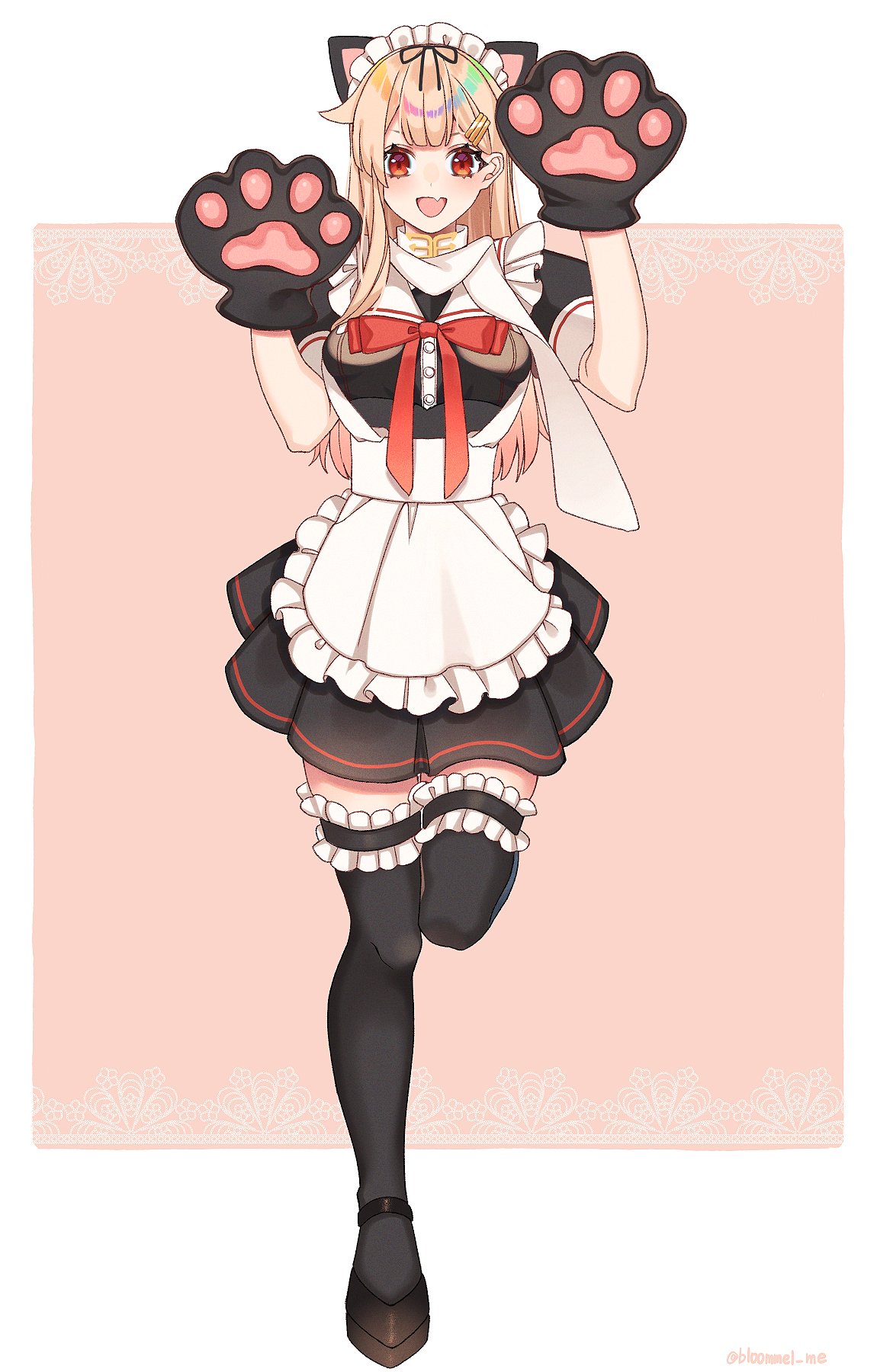 1girl adapted_costume alternate_costume animal_ears apron black_footwear black_legwear black_ribbon black_serafuku black_skirt blonde_hair cat_ears cat_tail commentary_request enmaided frilled_apron frilled_legwear frills full_body gloves hair_flaps hair_ornament hair_ribbon hairclip highres kantai_collection kozu_(bloomme1_me) long_hair looking_at_viewer maid maid_headdress mary_janes paw_gloves paws pleated_skirt red_eyes red_ribbon remodel_(kantai_collection) ribbon scarf school_uniform serafuku shoes skirt solo tail thigh-highs white_apron white_scarf yuudachi_(kantai_collection)