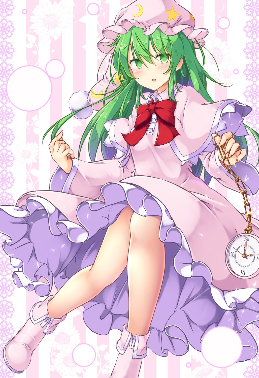 1girl aka_tawashi bad_anatomy bad_leg boots breasts capelet clock commentary_request crescent fingernails floral_background glowing_petals green_eyes green_hair hair_between_eyes hand_up hat highres kazami_yuuka kazami_yuuka_(pc-98) legs light_particles long_hair long_sleeves looking_at_viewer moon_print neck_ribbon nightcap nightgown open_mouth pajamas pink_background pink_footwear pink_headwear pink_nightgown pocket_watch pom_pom_(clothes) red_ribbon ribbon roman_numerals shiny shiny_clothes shiny_hair sidelocks small_breasts solo star_(symbol) star_print striped striped_background thighs touhou touhou_(pc-98) very_long_hair watch white_background wide_sleeves