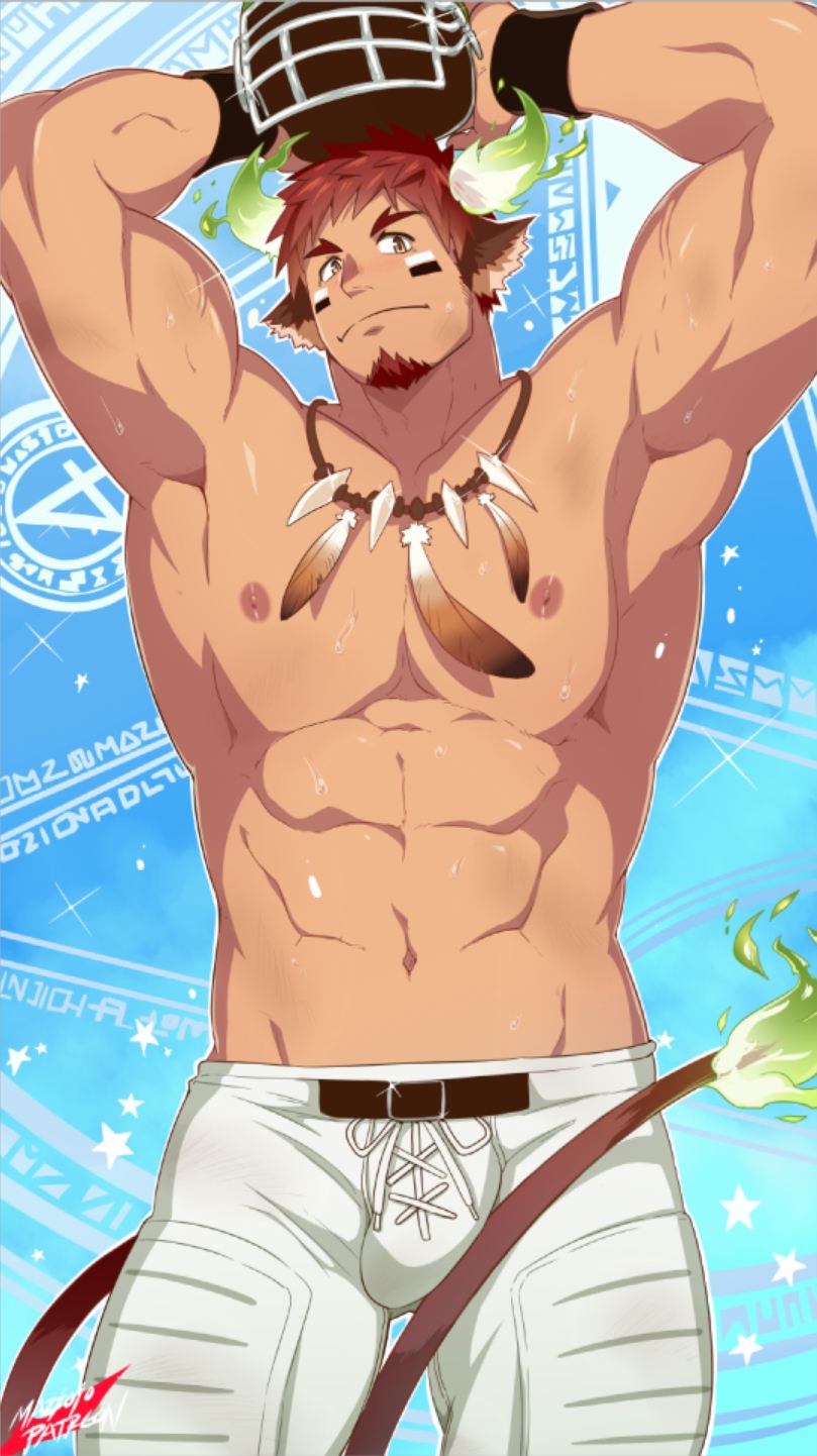 1boy abs animal_ears bangs bara brown_hair bulge chest cow_boy cow_tail cowboy_shot facial_hair forked_eyebrows glowing_horns goatee headwear_removed helmet helmet_removed highres horns male_focus manly mazjojo muscle navel nipples pectorals shirtless short_hair sportswear tail thick_eyebrows tokyo_houkago_summoners wakan_tanka